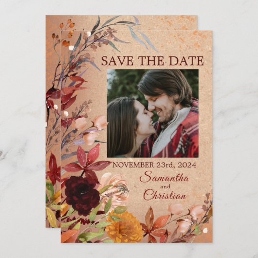 Rustieke herfstbloei Bourgondië Blush Foto Save The Date (Voorkant / Achterkant)