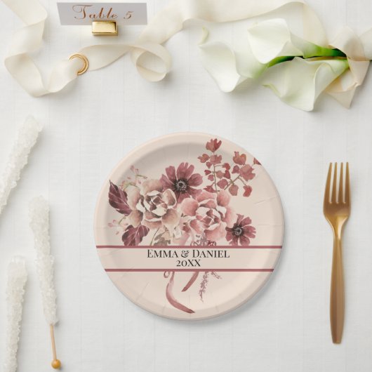 Rustieke Herfstbloemen Licht Beige Aquarel Papieren Bordje (Huwelijk)