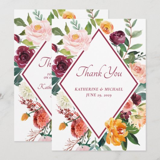 Rustieke Herfstbloemen Wijnrood Bedankkaart Kaart (Voorkant / Achterkant)