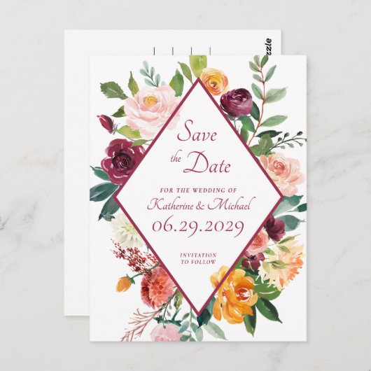 Rustieke Herfstbloemen Wijnrood Save The Date Briefkaart (Voorkant / Achterkant)