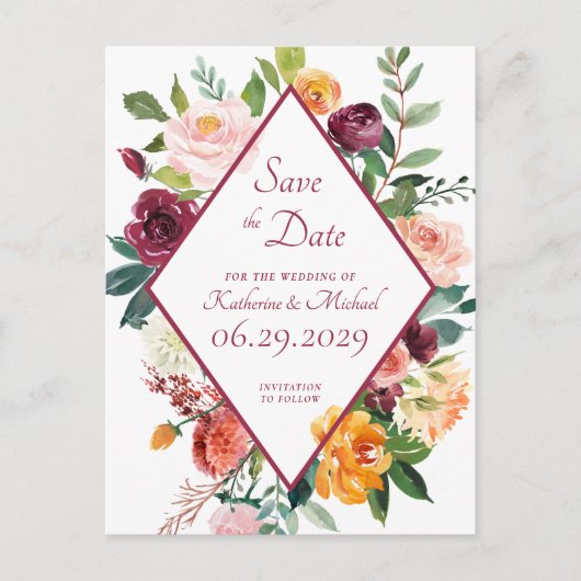 Rustieke Herfstbloemen Wijnrood Save The Date Briefkaart (Voorkant)