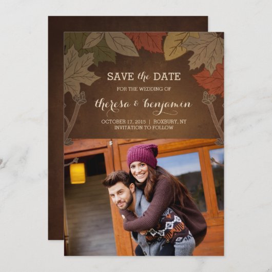 Rustieke herfstbruiloft Save the Date Kaart (Voorkant / Achterkant)