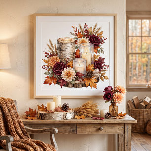 Rustieke herfstkaars bloemstuk poster