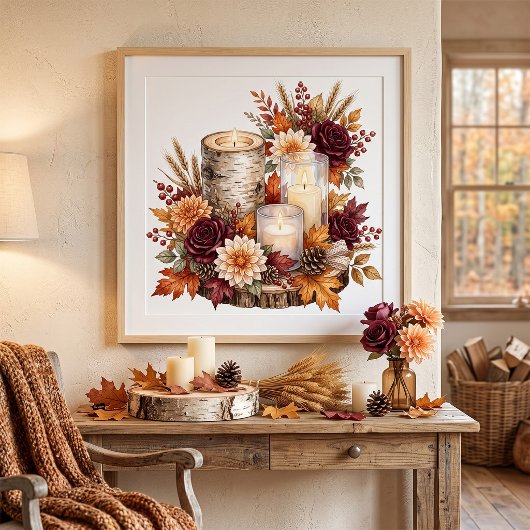 Rustieke herfstkaars bloemstuk poster