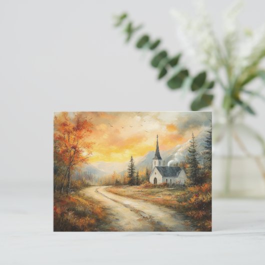 Rustieke Herfstkerk Waterverf Schilderij Briefkaart (Staand voorkant)