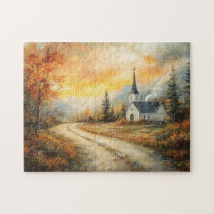 Rustieke Herfstkerk Waterverf Schilderij Legpuzzel