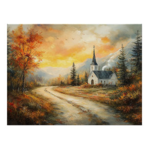 Rustieke Herfstkerk Waterverf Schilderij Perfect Poster