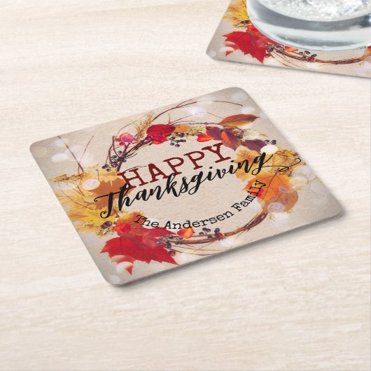 Rustieke herfstkrans Happy Thanksgiving Kartonnen Onderzetters (Schuin)