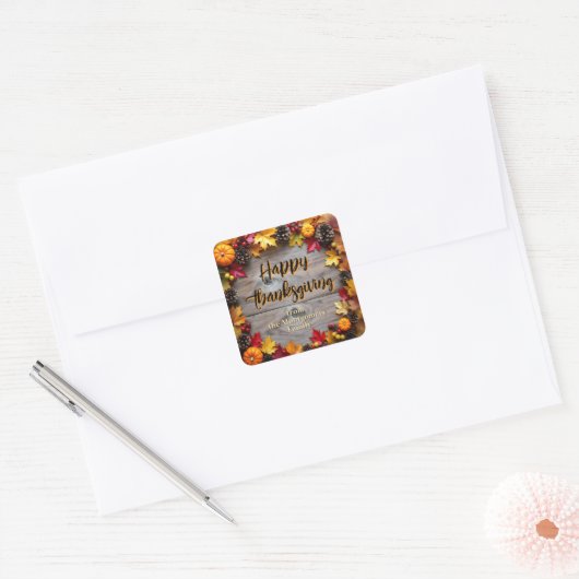 Rustieke herfstkrans Happy Thanksgiving Vierkante Sticker (Envelop)