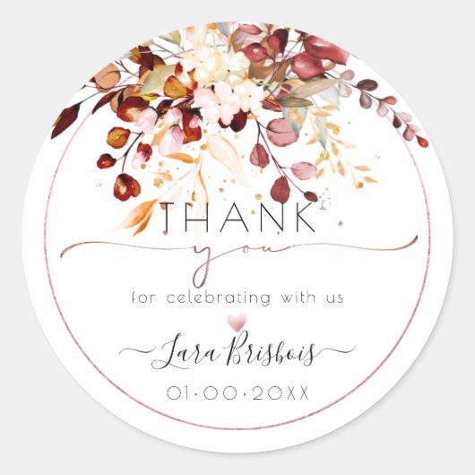 Rustieke herfstloof waterverf roodhout eucalyptus ronde sticker (Voorkant)