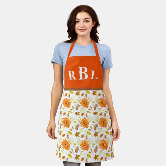 Rustieke herfstoogst Sinaasappel bloemmonogram Schort (Gedragen)