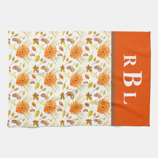 Rustieke herfstoogst Sinaasappel bloemmonogram Theedoek (Horizontaal)