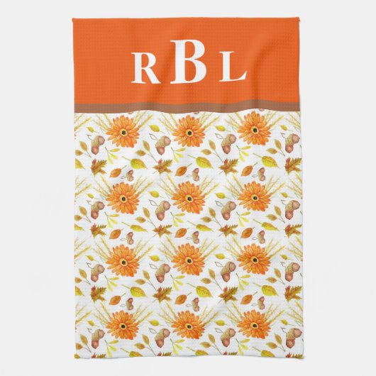 Rustieke herfstoogst Sinaasappel bloemmonogram Theedoek (Verticaal)