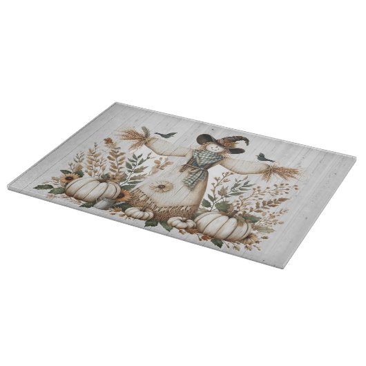 Rustieke herfstoogst vogelverschrikker met pompoen snijplank (Hoek)