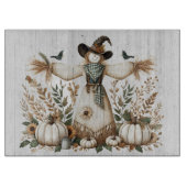 Rustieke herfstoogst vogelverschrikker met pompoen snijplank (Voorkant)