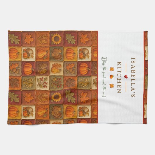 Rustieke herfstpatchwork met zegenend citaat theedoek (Horizontaal)