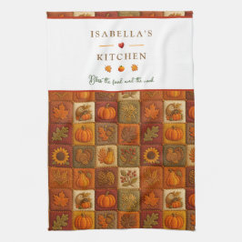 Rustieke herfstpatchwork met zegenend citaat theedoek