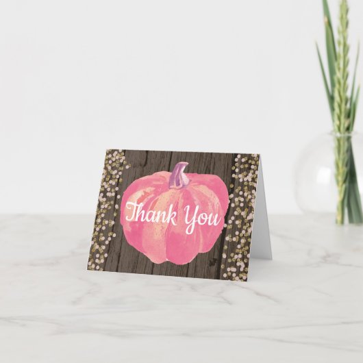 Rustieke herfstpompoen roze goud glitters bedankkaart (Voorkant)