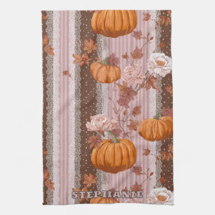 Rustieke herfstpompoenen & bloemenkant naadloos theedoek