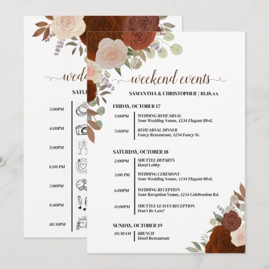 Rustieke herfstrozen bruiloftsevenementen & tijdli programmakaart (Voorkant / Achterkant)