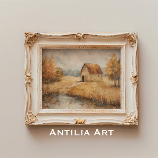 Rustieke herfstschuur schilderij vijverlandschap poster