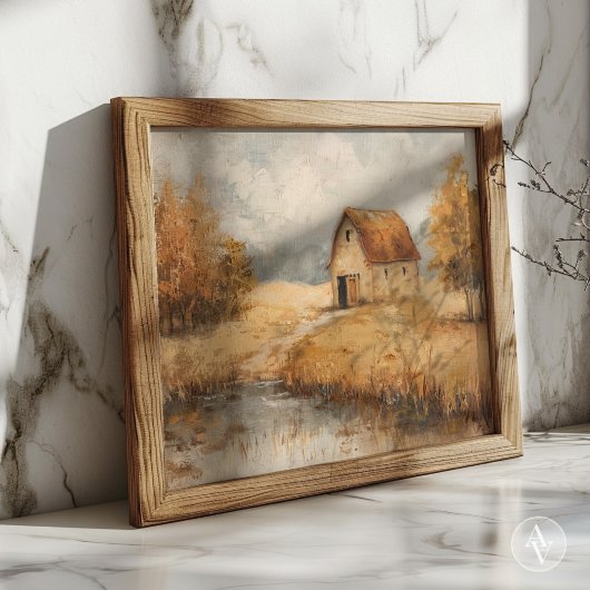 Rustieke herfstschuur schilderij  vijverlandschap poster