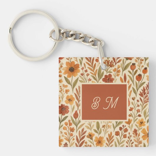 Rustieke herfststemming & bloemige monogram sleutelhanger (Voorkant)