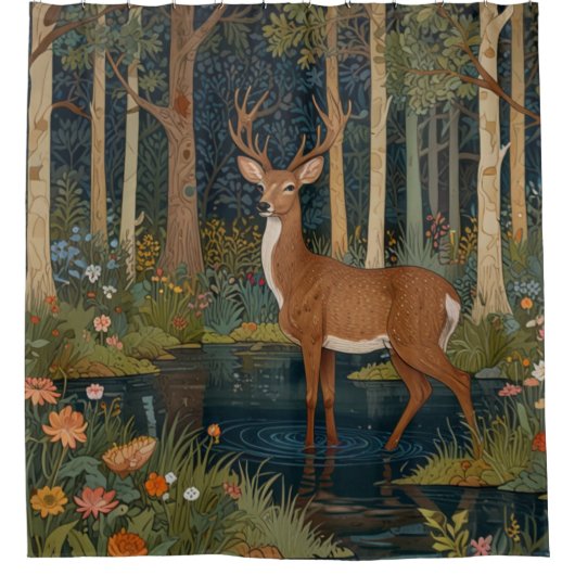 Rustieke herten boho bos bos groen cabine douchegordijn (Voorkant)