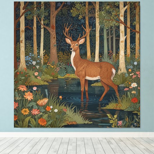 Rustieke herten boho bos bos groen canvas afdruk (Insitu (Houten vloer))