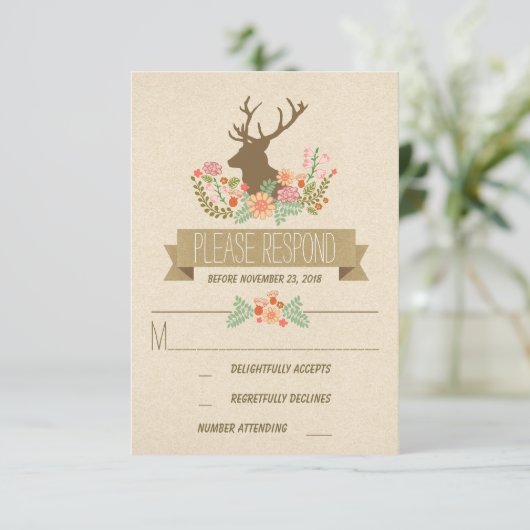Rustieke herten bruiloft RSVP kaarten (Staand voorkant)