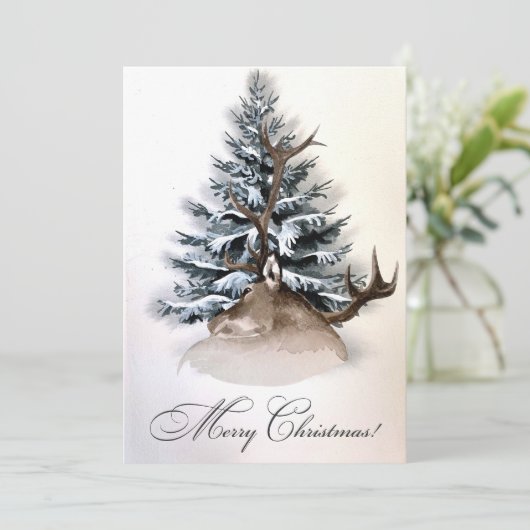 Rustieke herten en groenblijvende aangepaste vroli feestdagenkaart (Staand voorkant)
