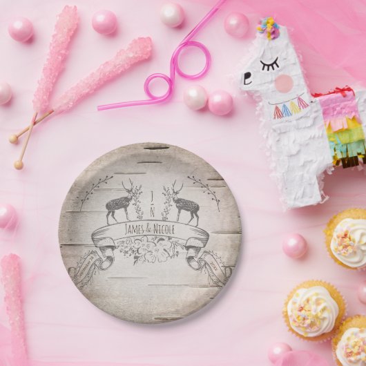 Rustieke herten en takken berken bruiloft receptie papieren bordje (Feest)