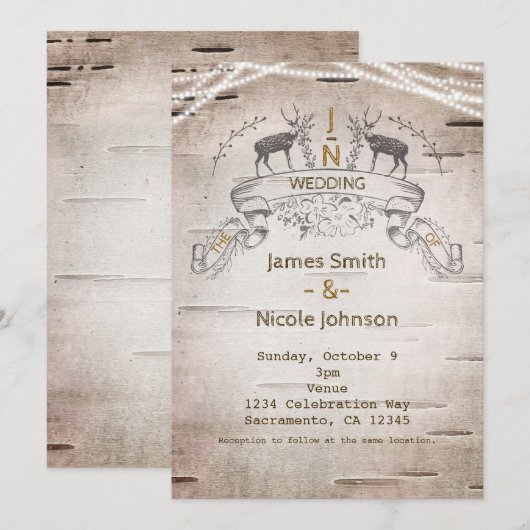 Rustieke herten- en takken berkenhouten trouwuitno kaart (Voorkant / Achterkant)
