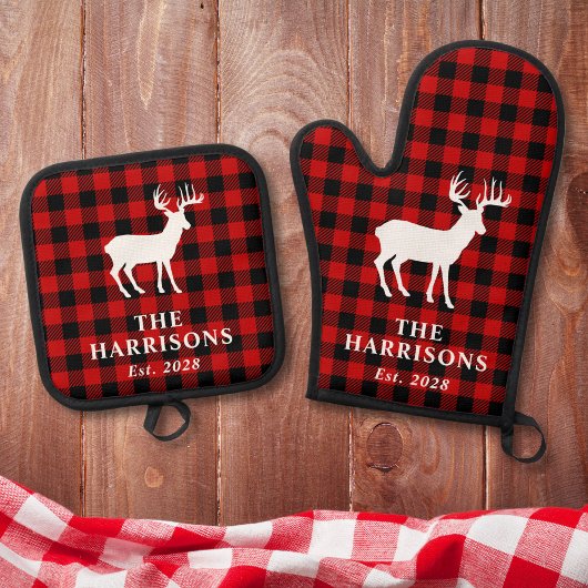 Rustieke herten familienaam Red Buffalo Plaid Ovenwant & Pannenlap Set