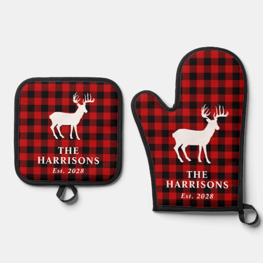 Rustieke herten familienaam Red Buffalo Plaid Ovenwant & Pannenlap Set (Voorkant)