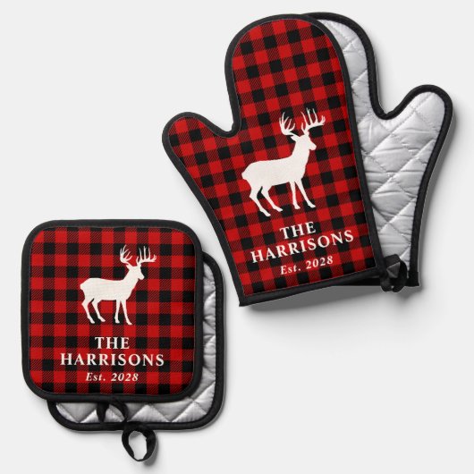 Rustieke herten familienaam Red Buffalo Plaid Ovenwant & Pannenlap Set (Voorkant / Achterkant)