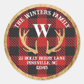 Rustieke herten gewei buffel geruite adreslabel ronde sticker (Voorkant)