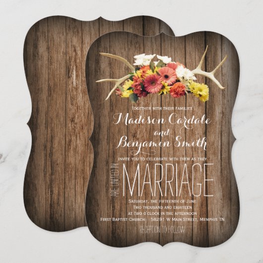 Rustieke herten gewei Daisy Wood bruiloft uitnodig Kaart (Voorkant / Achterkant)