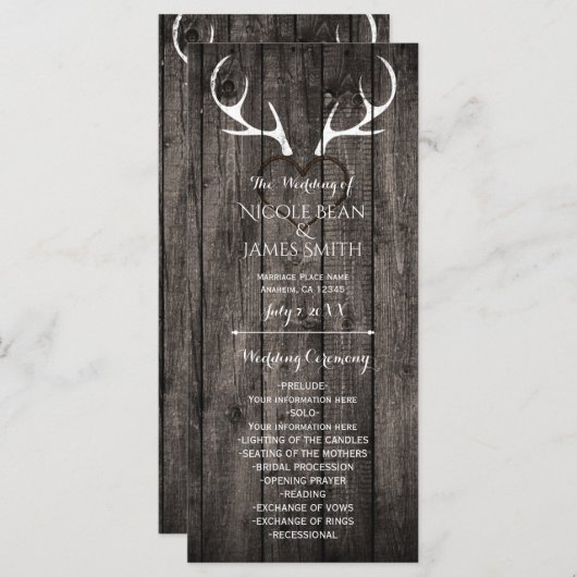 Rustieke herten gewei & gesneden hart bruiloft pro programmakaart (Voorkant / Achterkant)
