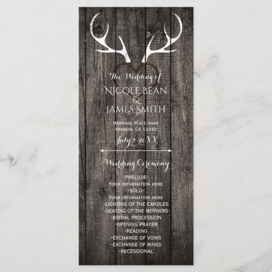 Rustieke herten gewei & gesneden hart bruiloft pro programmakaart (Voorkant)