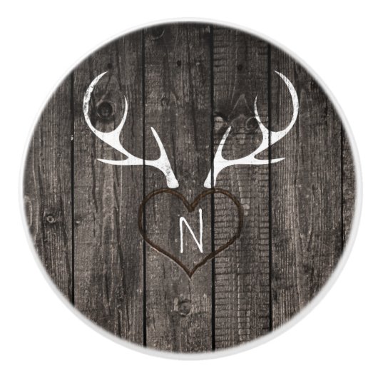 Rustieke herten gewei & gesneden hart Country dres Keramische Knop (Voorkant)