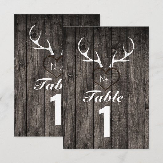 Rustieke herten gewei & gesneden hart tafel nummer kaart (Voorkant / Achterkant)
