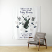 Rustieke herten kop blauwe bloemige baby shower we wandkleed (In situ)