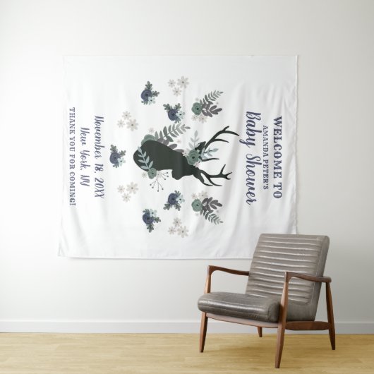 Rustieke herten kop blauwe bloemige baby shower we wandkleed (In Situ (horizontaal))