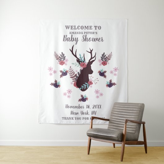 Rustieke herten kop mauve bloemen meisje baby show wandkleed (In situ)