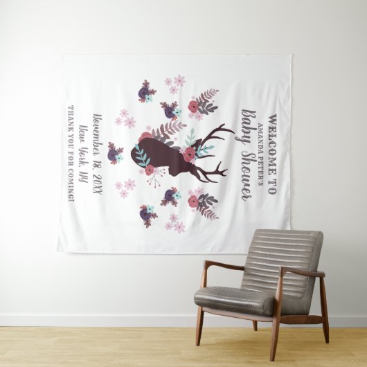 Rustieke herten kop mauve bloemen meisje baby show wandkleed (In Situ (horizontaal))