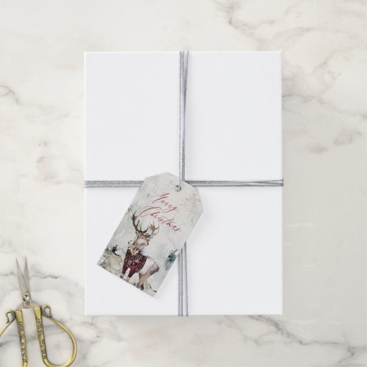 Rustieke Herten Waterverf Sneeuwscène Kerstmis Cadeaulabel (Met Touw)