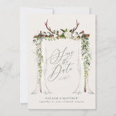 Rustieke hertenhoorn en blad canopy bruiloft save the date (Voorkant)