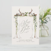 Rustieke hertenhoorn en blad canopy bruiloft save the date (Staand voorkant)