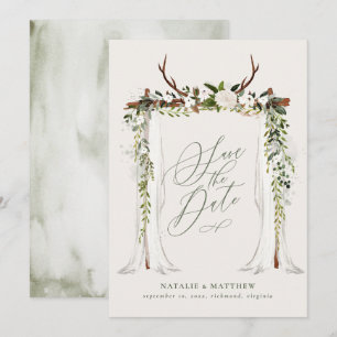 Rustieke hertenhoorn en blad canopy bruiloft save the date